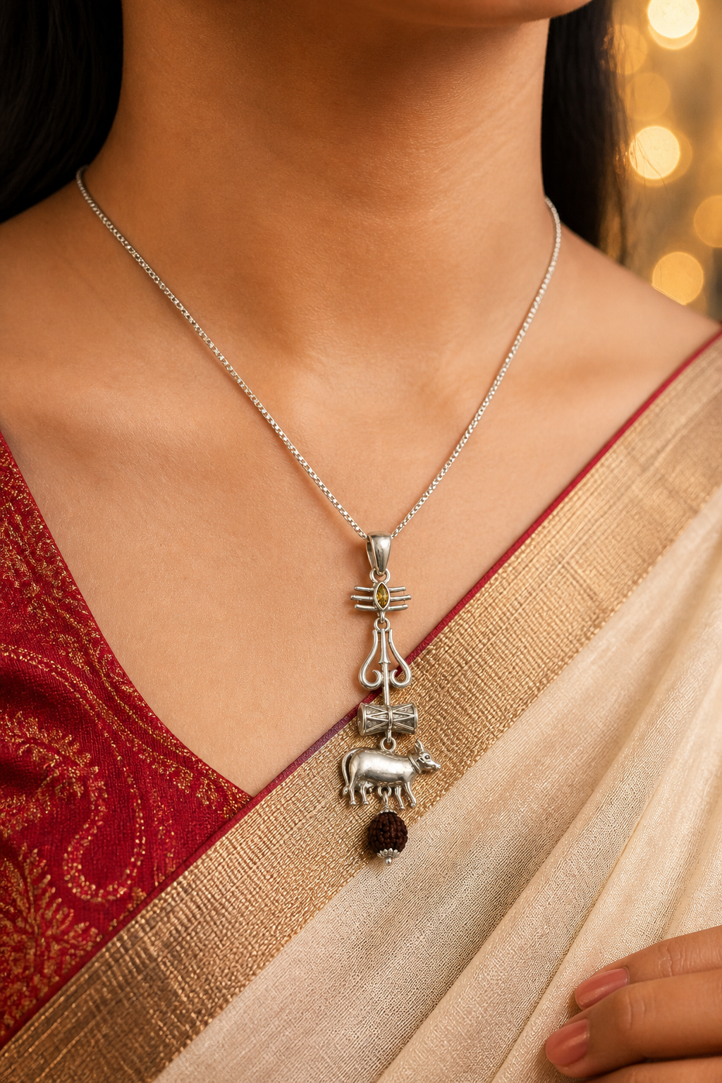 Oxidized Shiv Trishul Pendant with Nandi & Rudraksha | Silver Tone Spiritual Necklace | Mahadev Jewelry for Men & Women