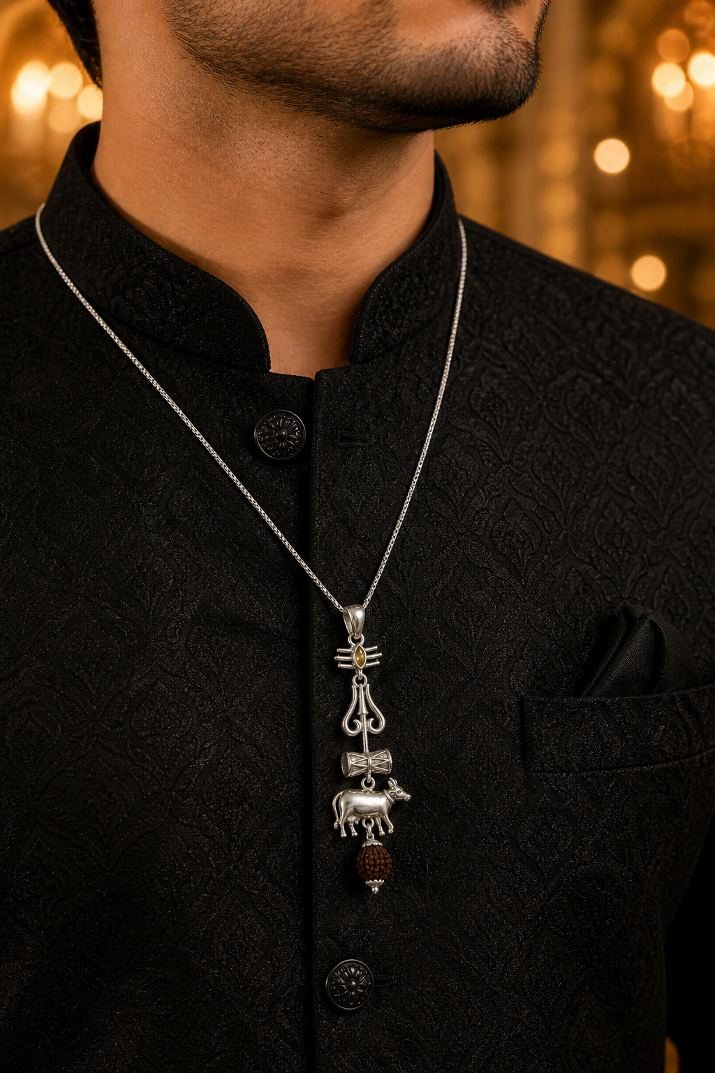Oxidized Shiv Trishul Pendant with Nandi & Rudraksha | Silver Tone Spiritual Necklace | Mahadev Jewelry for Men & Women