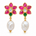 Pink & Green Floral Pearl Drop Earrings | Gold Plated Brass Statement Earrings