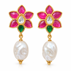 Pink & Green Floral Pearl Drop Earrings | Gold Plated Brass Statement Earrings
