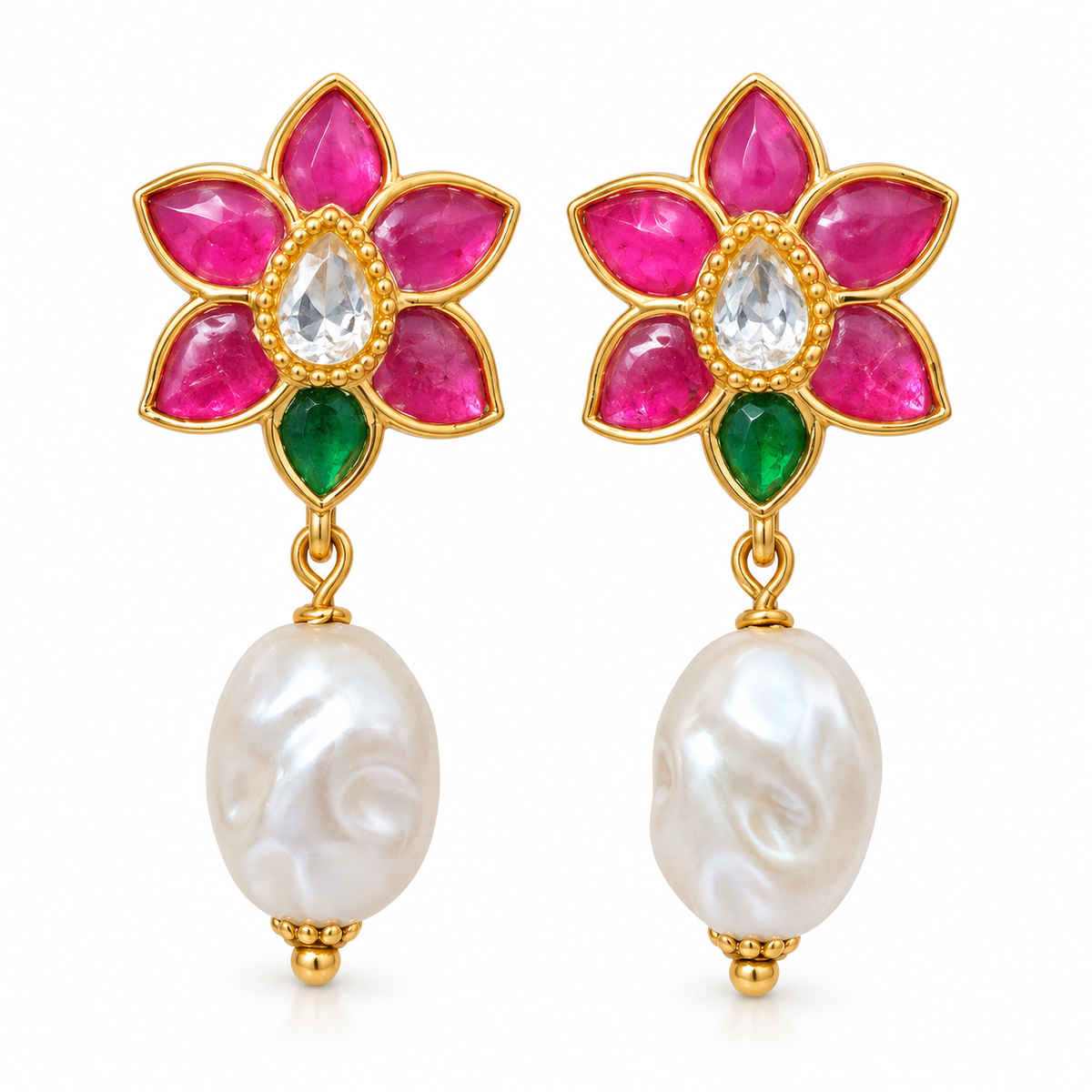 Pink & Green Floral Pearl Drop Earrings | Gold Plated Brass Statement Earrings