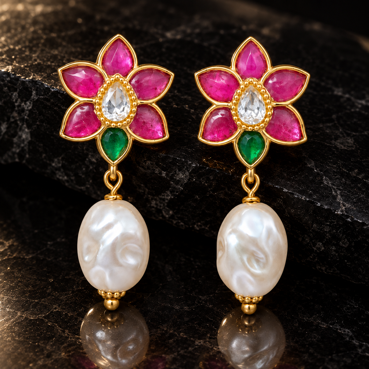 Pink & Green Floral Pearl Drop Earrings | Gold Plated Brass Statement Earrings