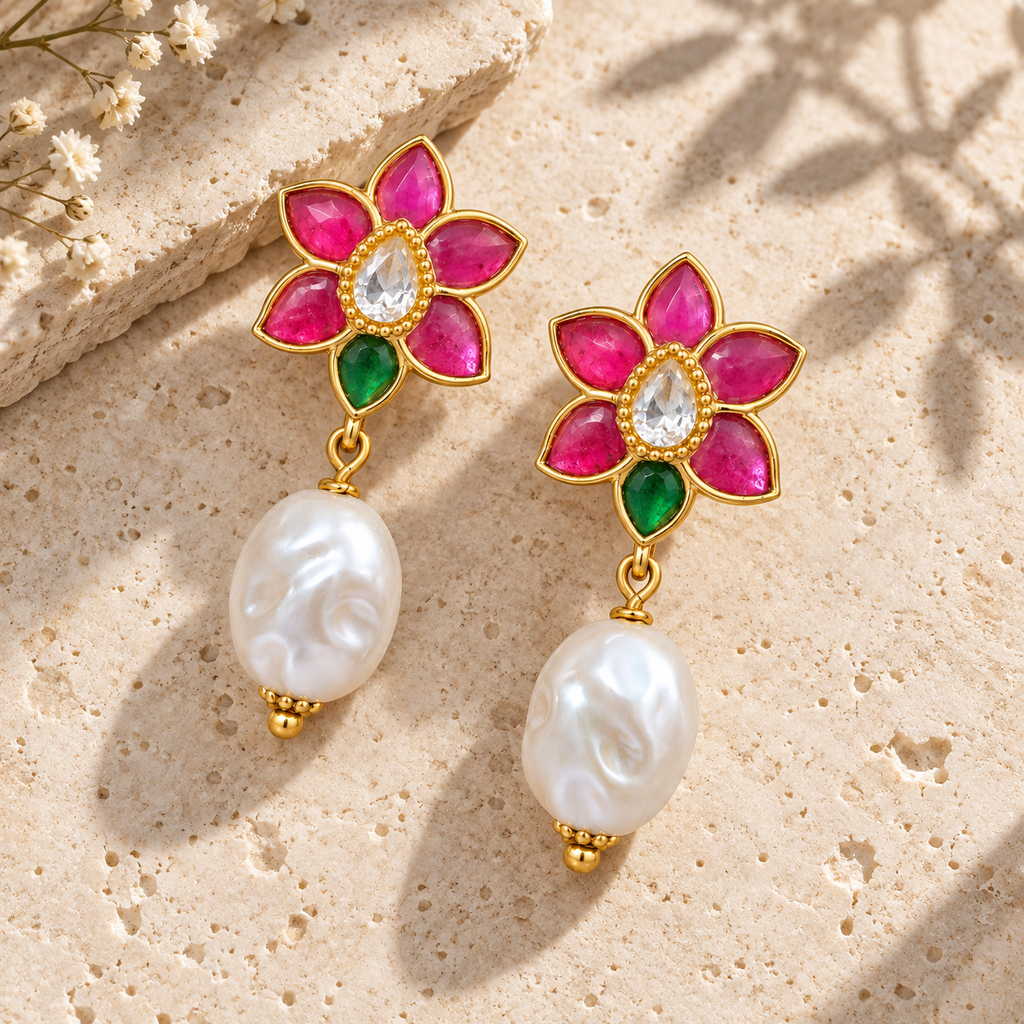 Pink & Green Floral Pearl Drop Earrings | Gold Plated Brass Statement Earrings
