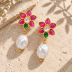 Pink & Green Floral Pearl Drop Earrings | Gold Plated Brass Statement Earrings