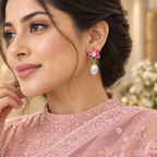 Pink & Green Floral Pearl Drop Earrings | Gold Plated Brass Statement Earrings