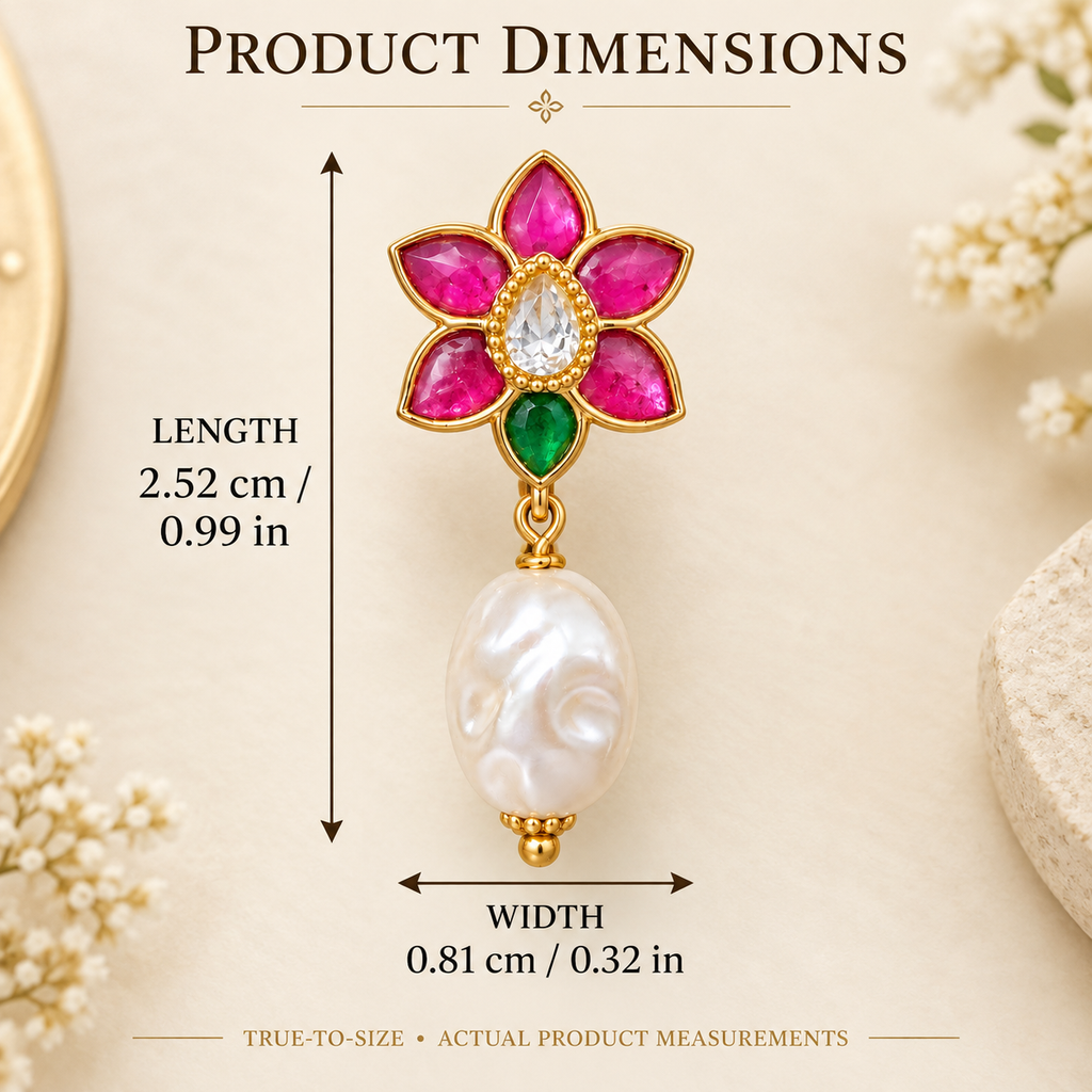 Pink & Green Floral Pearl Drop Earrings | Gold Plated Brass Statement Earrings