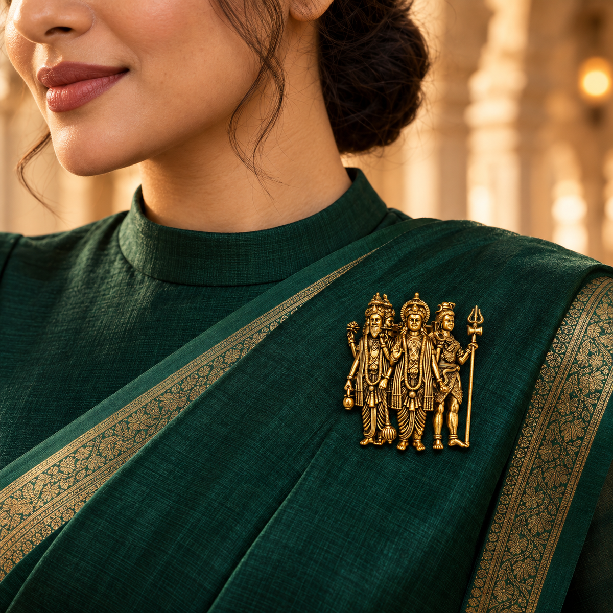 Brahma Vishnu Mahesh Trimurti Brooch – Gold Plated Brass Hindu Trinity Lapel Pin | Traditional Spiritual Jewellery for Men & Women