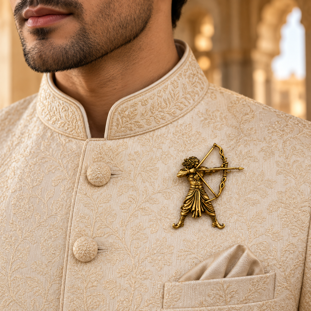 Surya Putra Karna Brooch – Gold Plated Brass Warrior Archer Brooch, Mahabharata Inspired Traditional Indian Jewellery