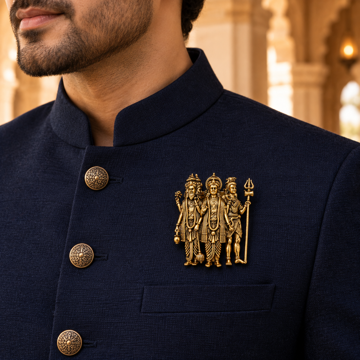 Brahma Vishnu Mahesh Trimurti Brooch – Gold Plated Brass Hindu Trinity Lapel Pin | Traditional Spiritual Jewellery for Men & Women