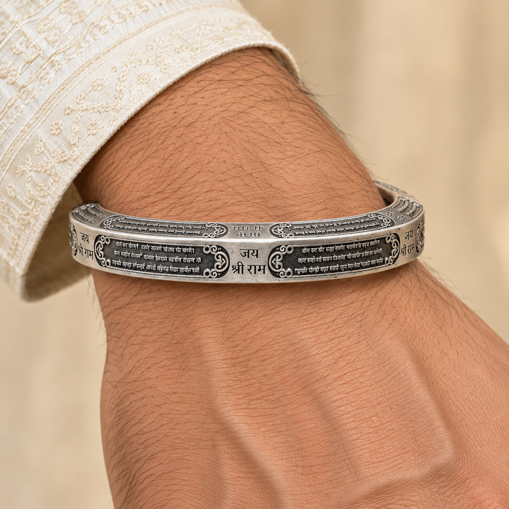 925 Sterling Silver Hanuman Chalisa Kada | Jai Shri Ram Engraved Religious Kada for Men & Women