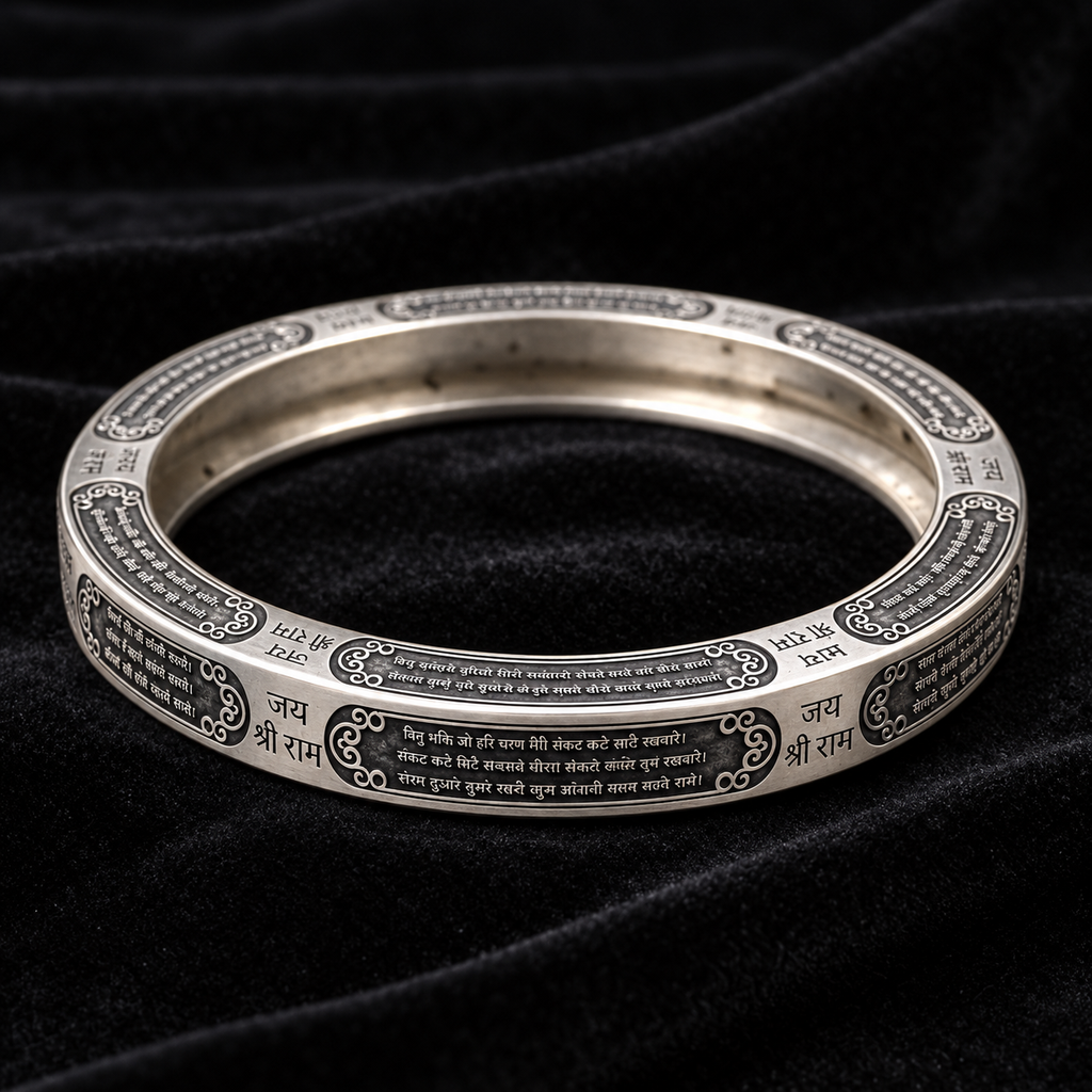 925 Sterling Silver Hanuman Chalisa Kada | Jai Shri Ram Engraved Religious Kada for Men & Women