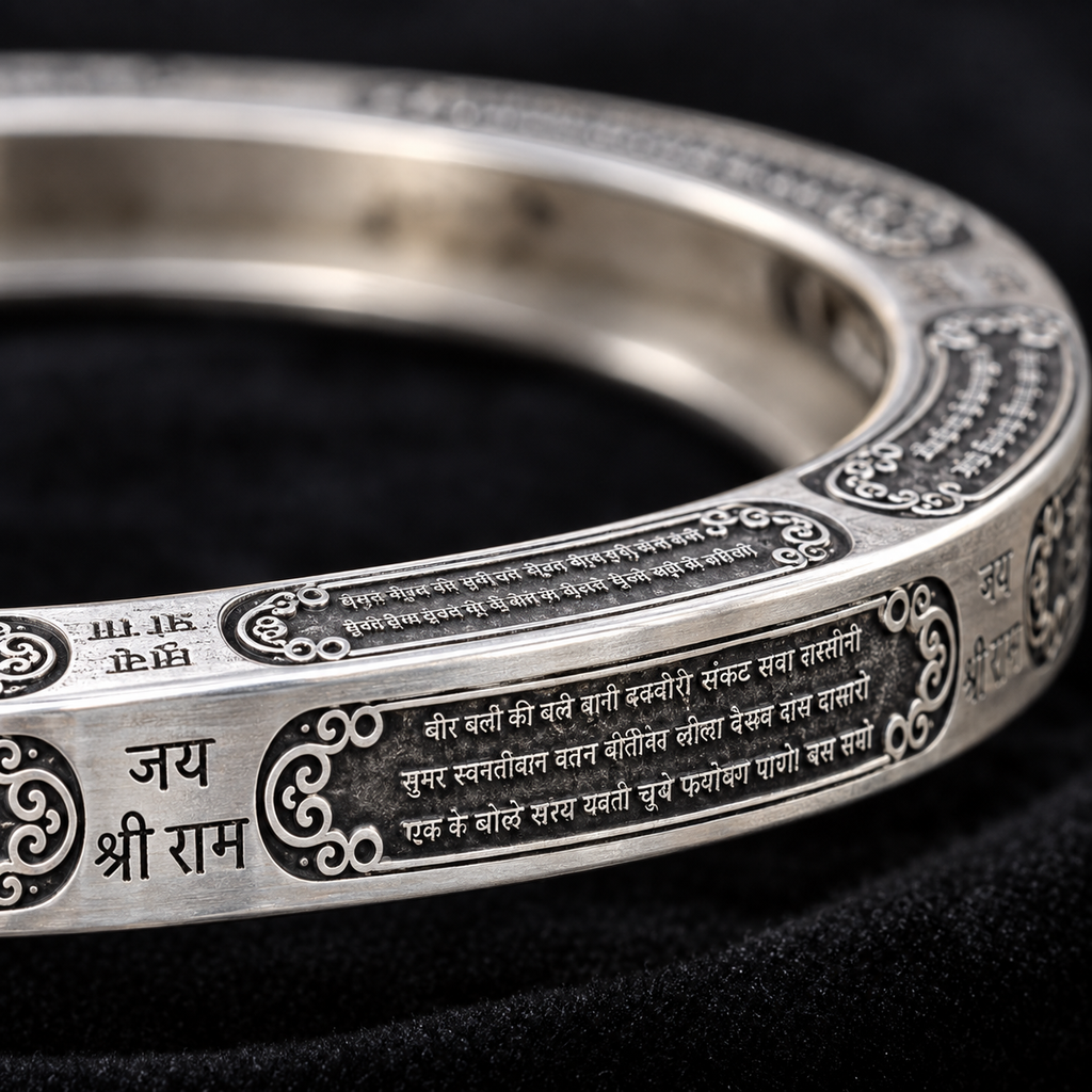 925 Sterling Silver Hanuman Chalisa Kada | Jai Shri Ram Engraved Religious Kada for Men & Women