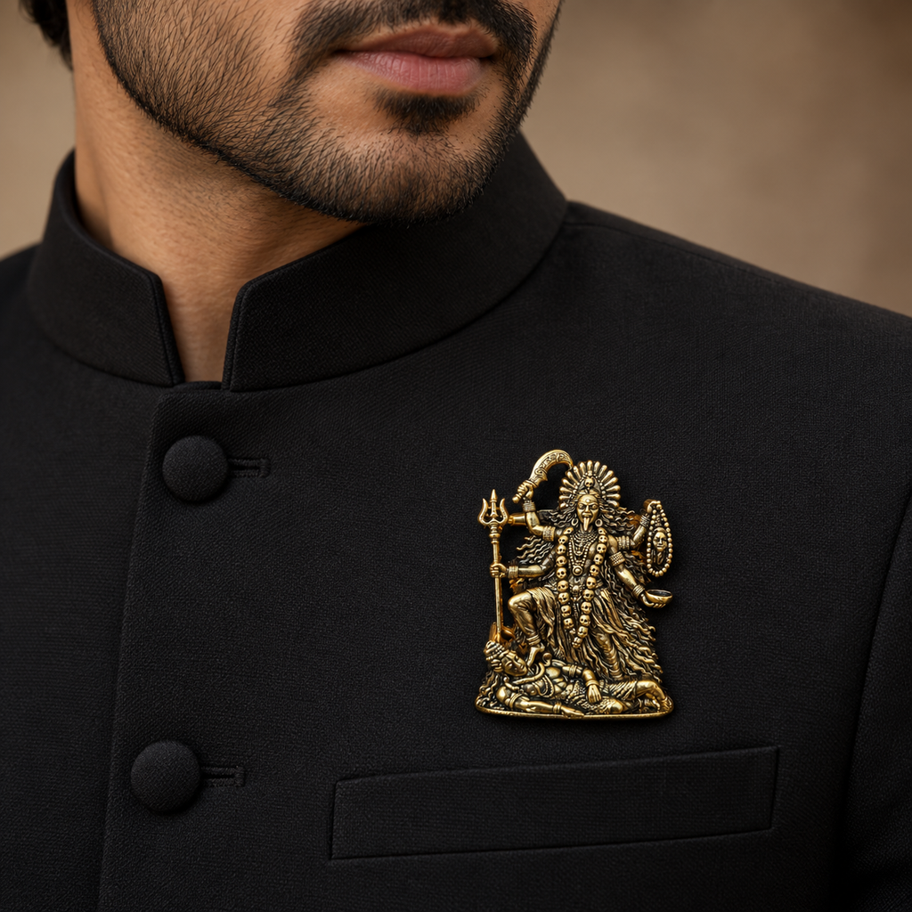 Maa Kali Gold Plated Brass Brooch for Men & Women | Divine Kali Mata Religious Brooch | Spiritual & Traditional Indian Jewellery