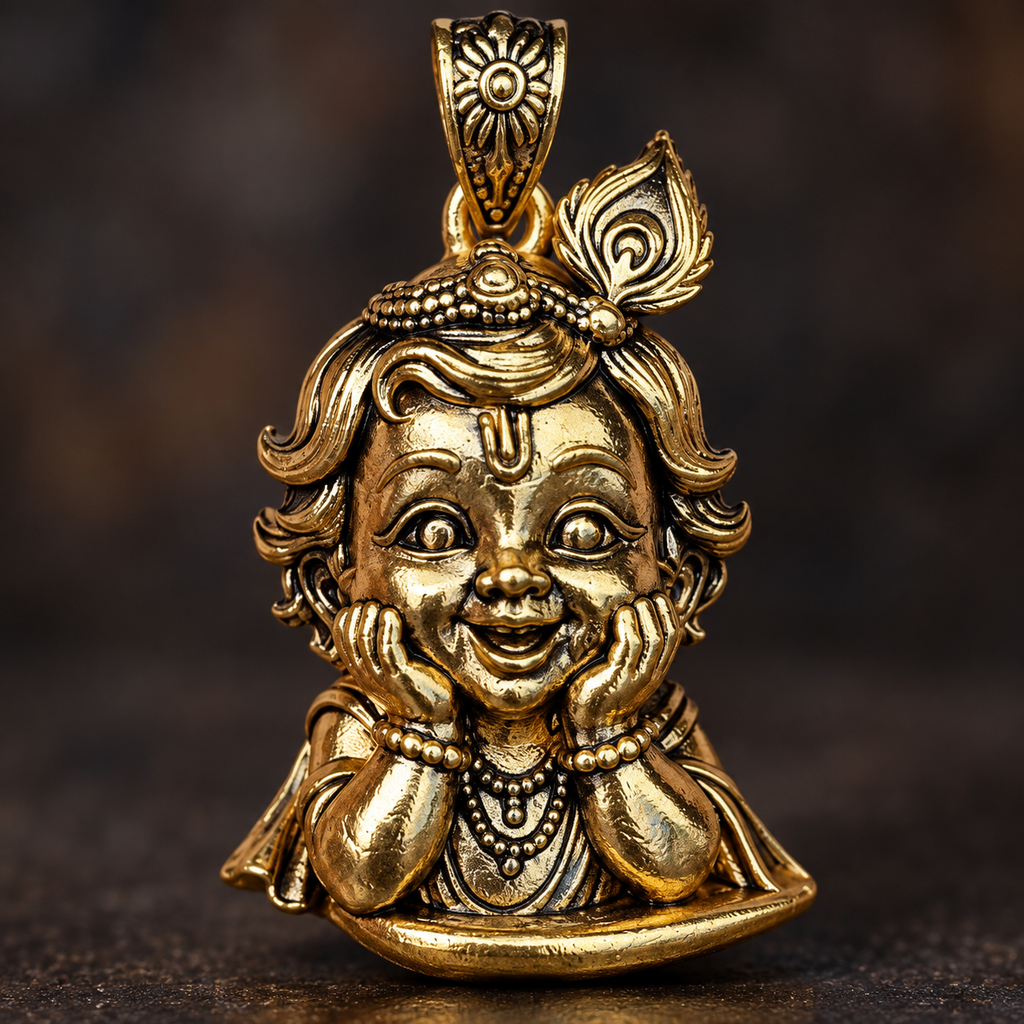 Bal Krishna Gold Plated Brass Brooch for Men & Women | Laddu Gopal Krishna Brooch | Traditional Hindu God Jewellery