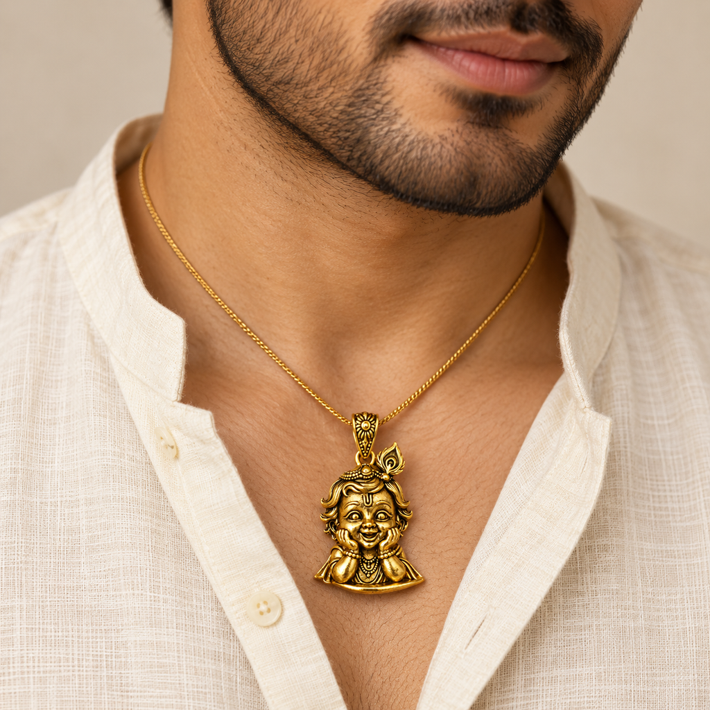 Bal Krishna Gold Plated Brass Brooch for Men & Women | Laddu Gopal Krishna Brooch | Traditional Hindu God Jewellery