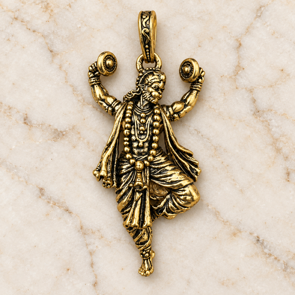 Hanuman Ji Pendant Gold Plated Brass Hindu God Pendant for Men & Women Religious Spiritual Jewelry