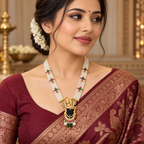 Shri Nath Ji Necklace for Men & Women | Gold Plated Brass Multi-Strand Pearl Necklace with Red & Green Stone Work (Made To Order)