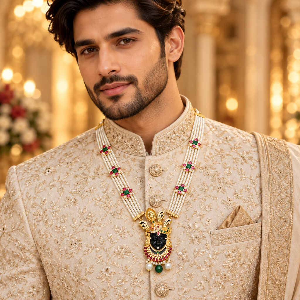 Shri Nath Ji Necklace for Men & Women | Gold Plated Brass Multi-Strand Pearl Necklace with Red & Green Stone Work (Made To Order)