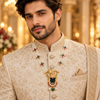Shri Nath Ji Necklace for Men & Women | Gold Plated Brass Multi-Strand Pearl Necklace with Red & Green Stone Work (Made To Order)