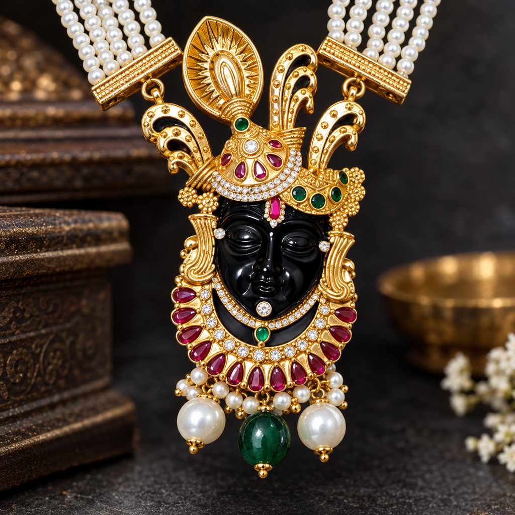 Shri Nath Ji Necklace for Men & Women | Gold Plated Brass Multi-Strand Pearl Necklace with Red & Green Stone Work (Made To Order)