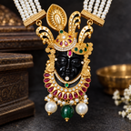 Shri Nath Ji Necklace for Men & Women | Gold Plated Brass Multi-Strand Pearl Necklace with Red & Green Stone Work (Made To Order)