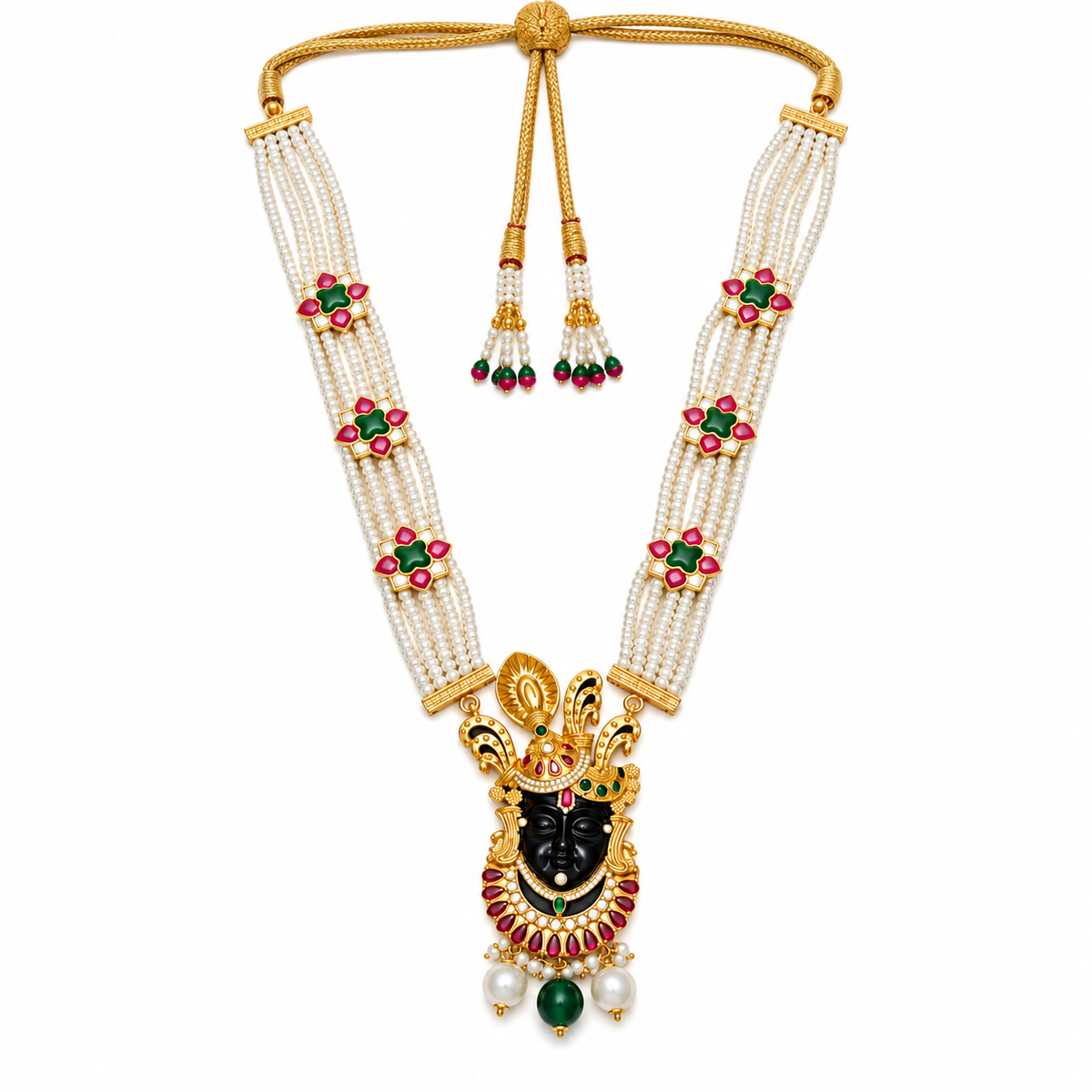 Shri Nath Ji Necklace for Men & Women | Gold Plated Brass Multi-Strand Pearl Necklace with Red & Green Stone Work (Made To Order)