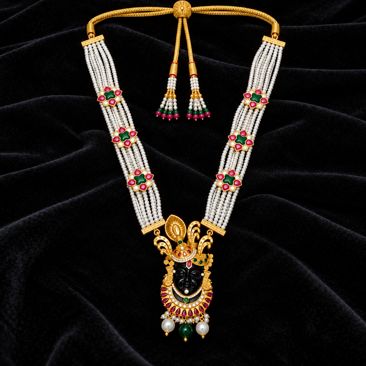 Shri Nath Ji Necklace for Men & Women | Gold Plated Brass Multi-Strand Pearl Necklace with Red & Green Stone Work (Made To Order)