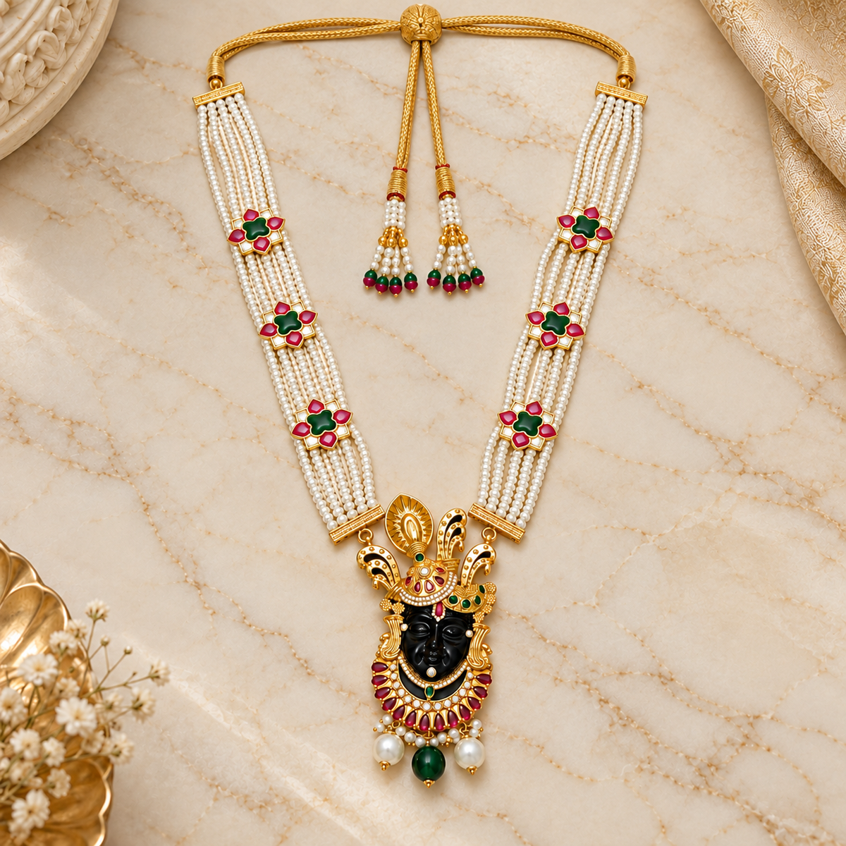 Shri Nath Ji Necklace for Men & Women | Gold Plated Brass Multi-Strand Pearl Necklace with Red & Green Stone Work (Made To Order)
