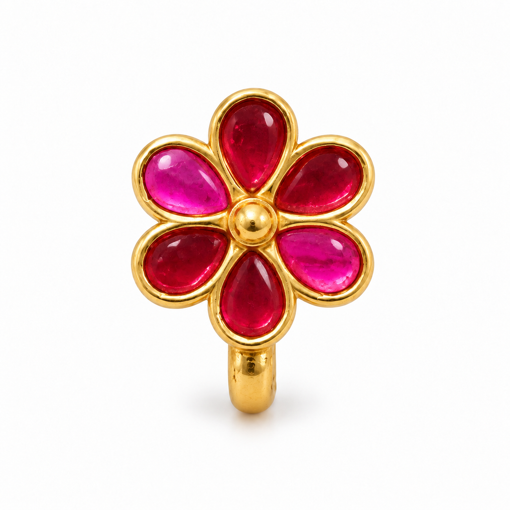 Kundan Red Flower Clip-On Nose Pin – Gold Plated Brass Pink & Red Stone Nose Stud for Women