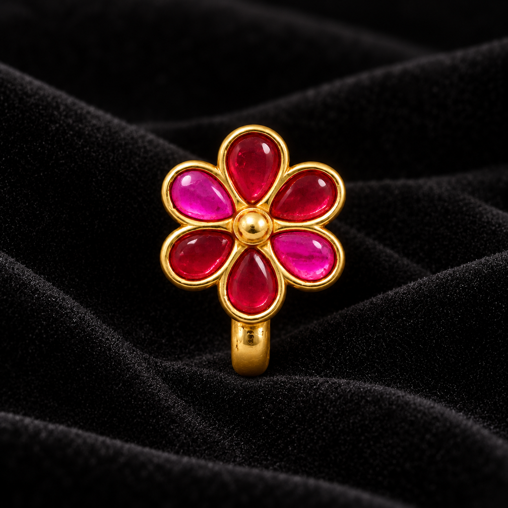 Kundan Red Flower Clip-On Nose Pin – Gold Plated Brass Pink & Red Stone Nose Stud for Women