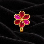 Kundan Red Flower Clip-On Nose Pin – Gold Plated Brass Pink & Red Stone Nose Stud for Women