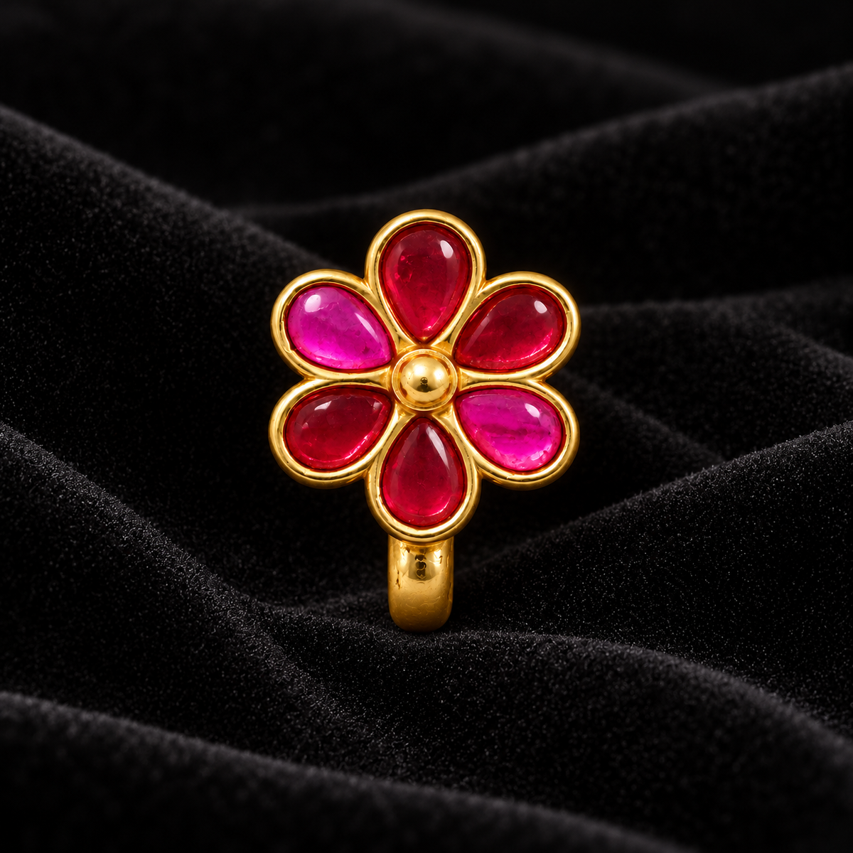 Kundan Red Flower Clip-On Nose Pin – Gold Plated Brass Pink & Red Stone Nose Stud for Women