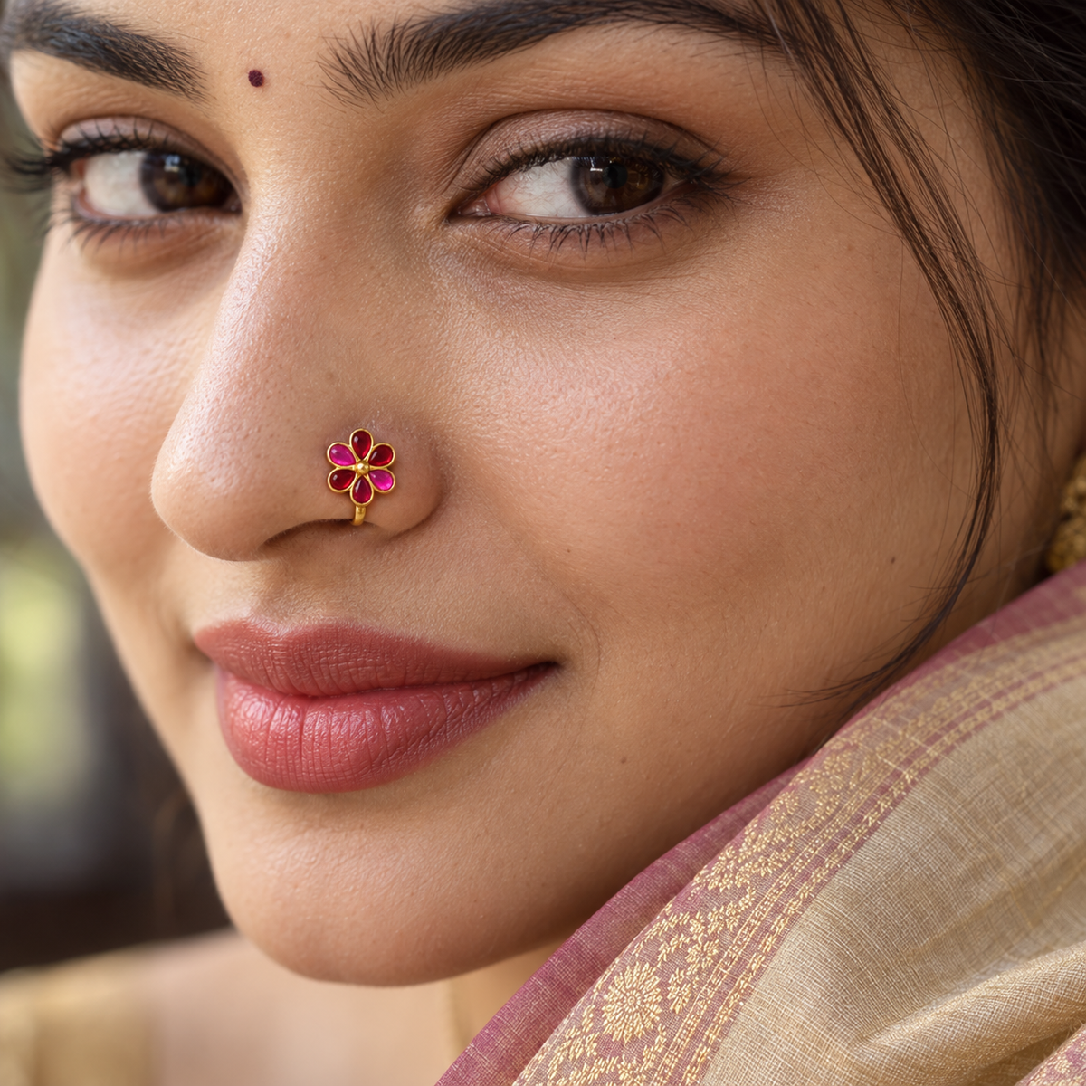 Kundan Red Flower Clip-On Nose Pin – Gold Plated Brass Pink & Red Stone Nose Stud for Women