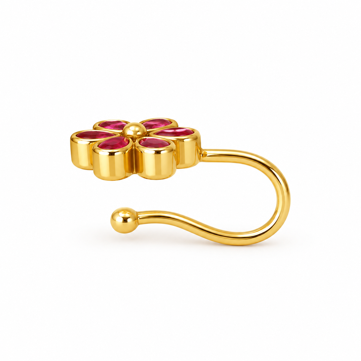 Kundan Red Flower Clip-On Nose Pin – Gold Plated Brass Pink & Red Stone Nose Stud for Women
