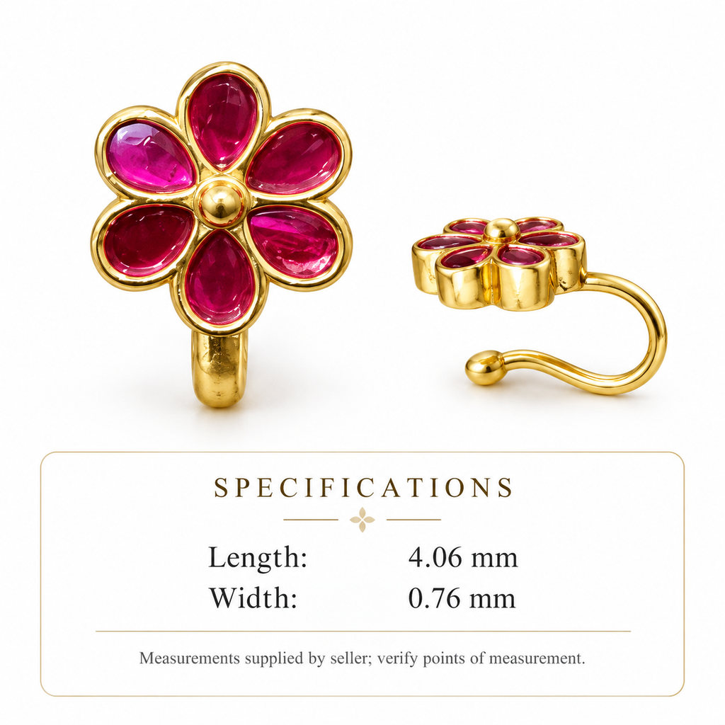 Kundan Red Flower Clip-On Nose Pin – Gold Plated Brass Pink & Red Stone Nose Stud for Women