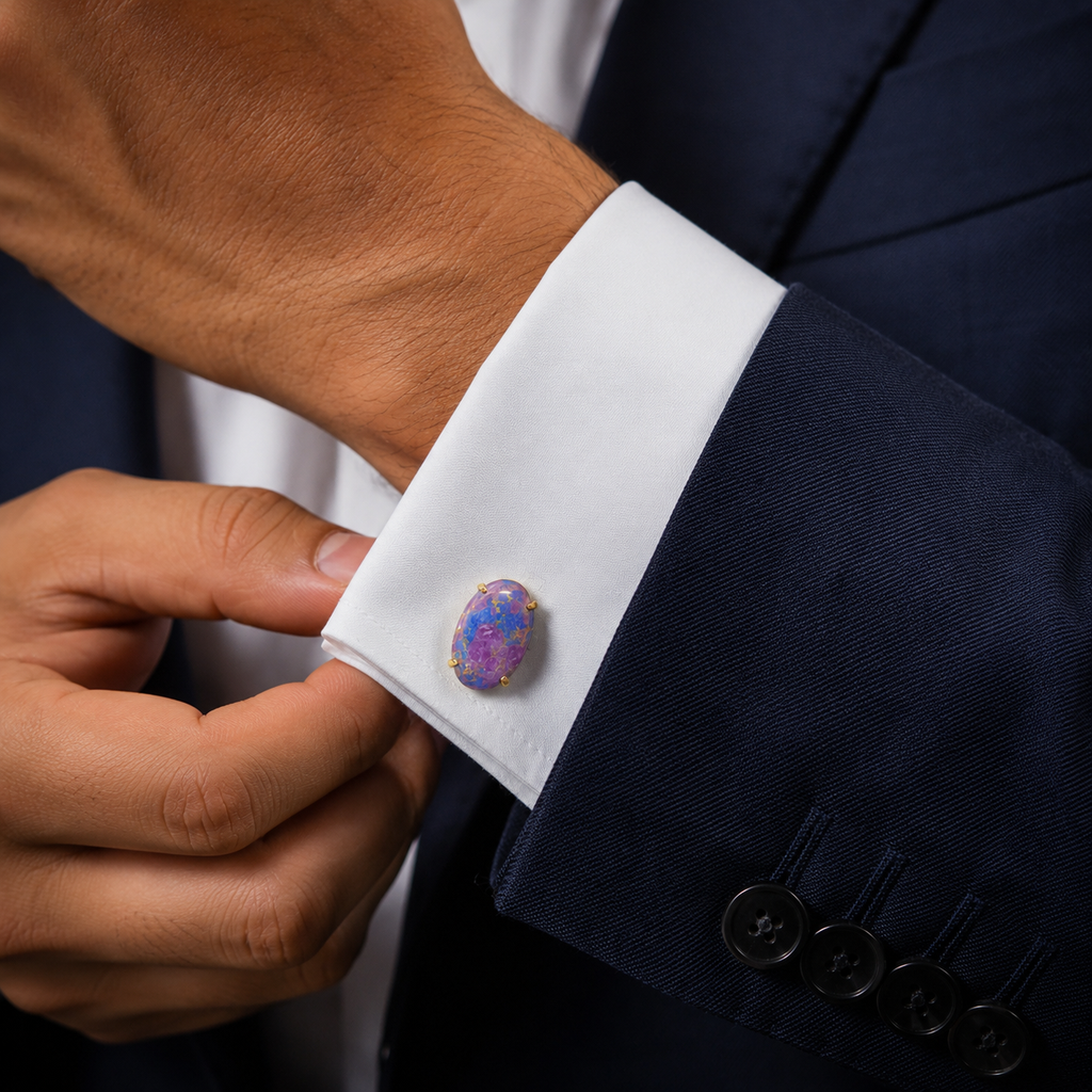 Synthetic Purple Mohave Turquoise Cufflinks for Men | Gold Plated Brass Oval Stone Cufflinks | Luxury Wedding & Formal Wear Accessory