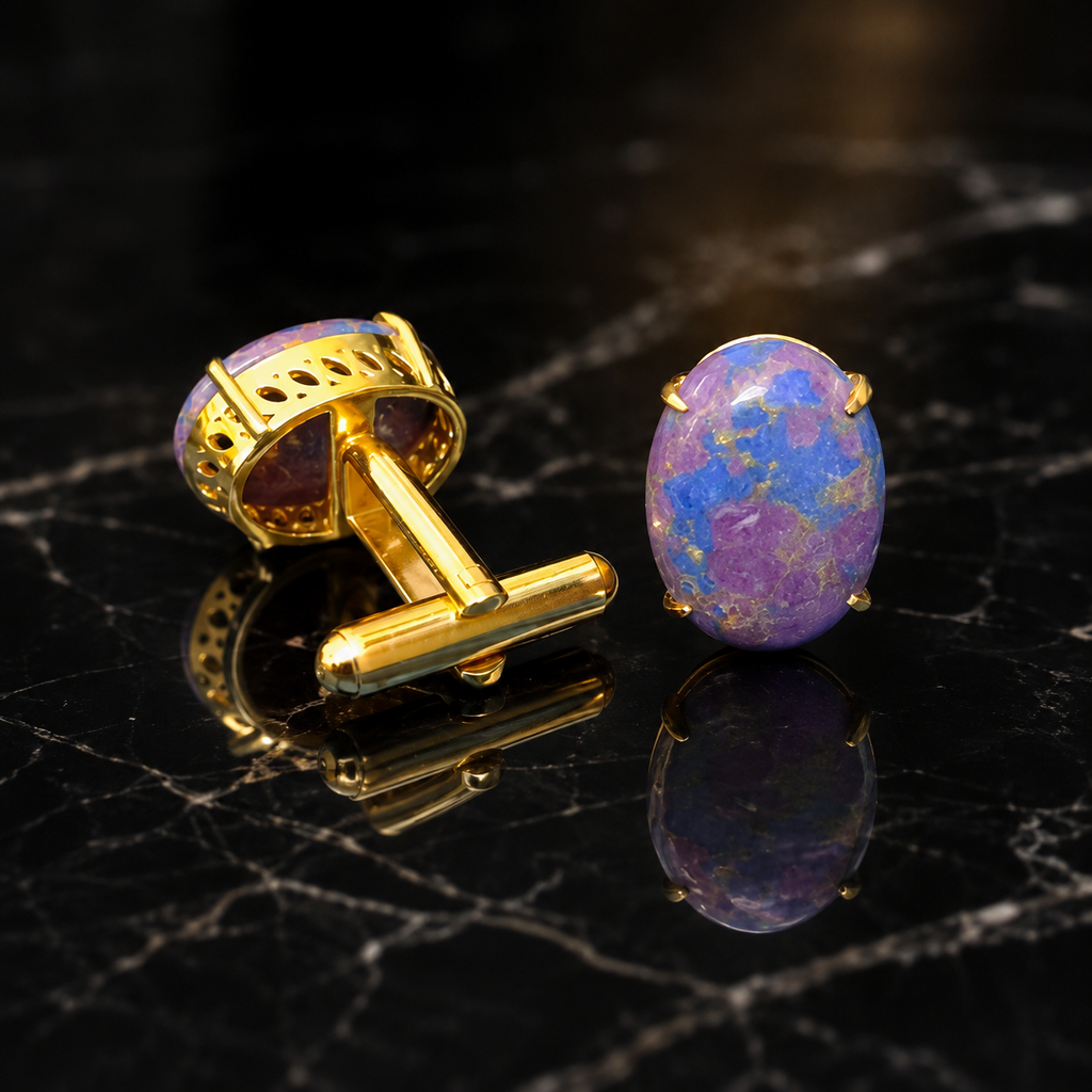 Synthetic Purple Mohave Turquoise Cufflinks for Men | Gold Plated Brass Oval Stone Cufflinks | Luxury Wedding & Formal Wear Accessory