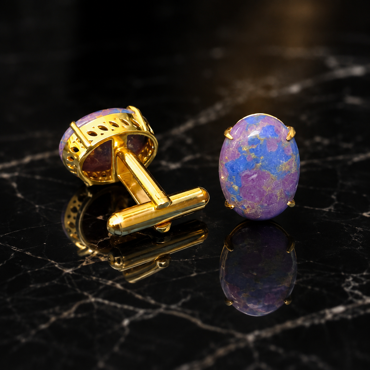 Synthetic Purple Mohave Turquoise Cufflinks for Men | Gold Plated Brass Oval Stone Cufflinks | Luxury Wedding & Formal Wear Accessory