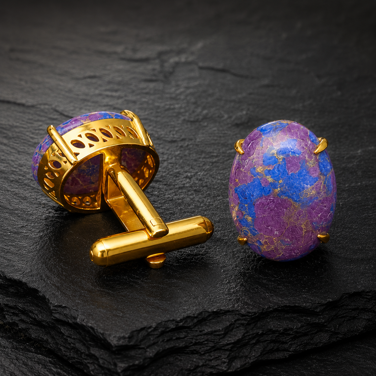 Synthetic Purple Mohave Turquoise Cufflinks for Men | Gold Plated Brass Oval Stone Cufflinks | Luxury Wedding & Formal Wear Accessory