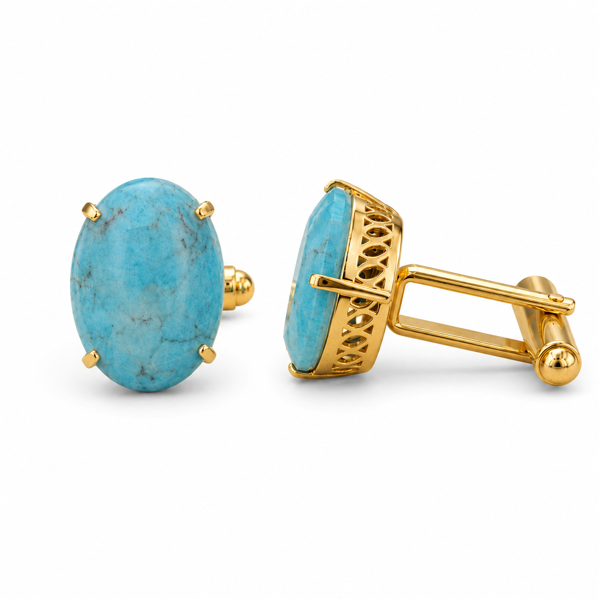 Synthetic Sky Blue Turquoise Cufflinks for Men | Gold Plated Brass Oval Stone Cufflinks | Luxury Wedding & Formal Accessory