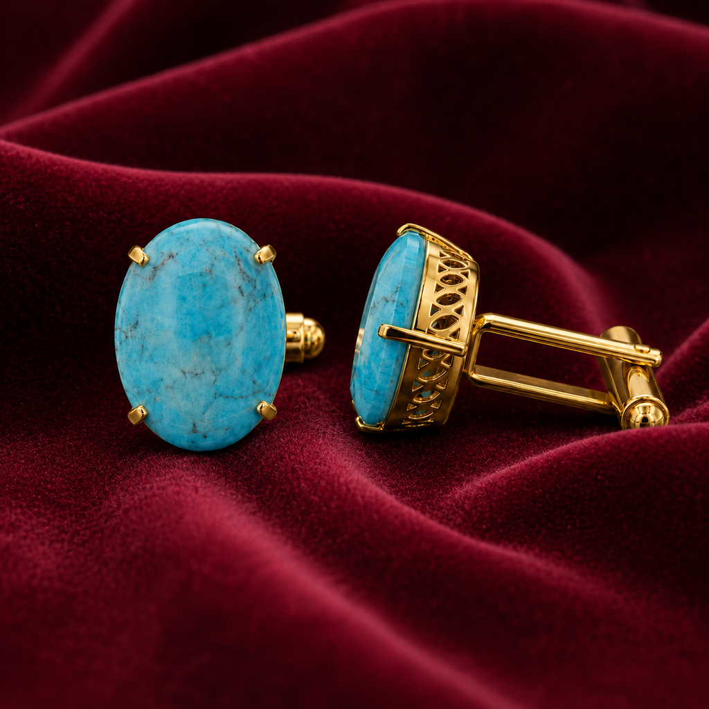 Synthetic Sky Blue Turquoise Cufflinks for Men | Gold Plated Brass Oval Stone Cufflinks | Luxury Wedding & Formal Accessory