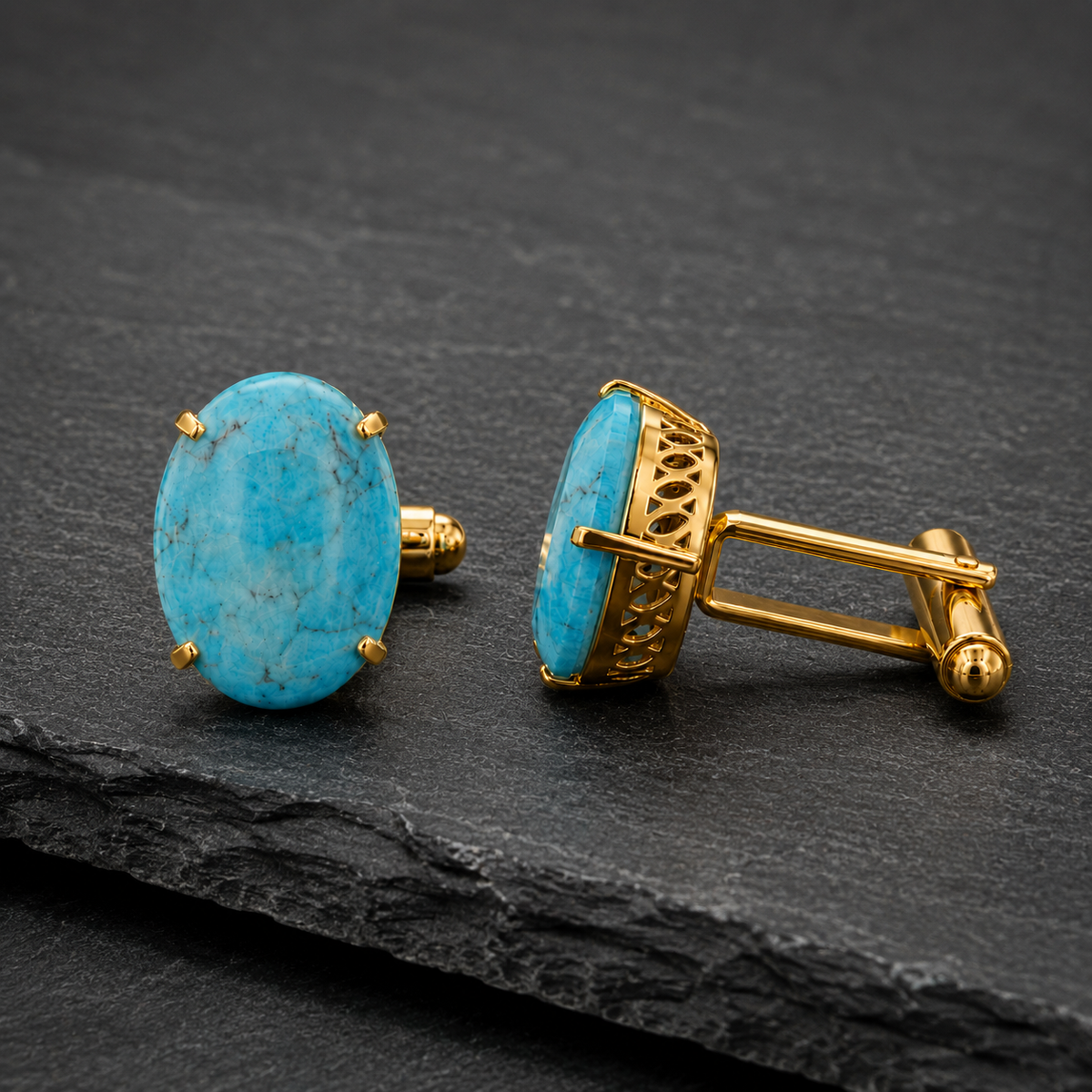 Synthetic Sky Blue Turquoise Cufflinks for Men | Gold Plated Brass Oval Stone Cufflinks | Luxury Wedding & Formal Accessory