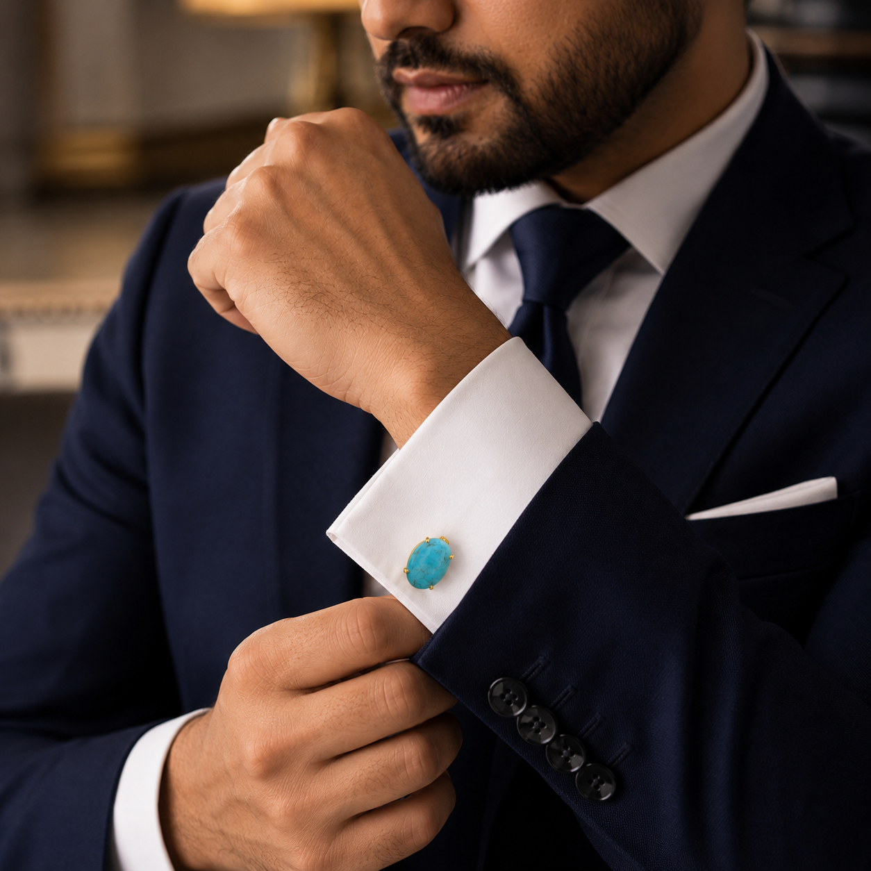 Synthetic Sky Blue Turquoise Cufflinks for Men | Gold Plated Brass Oval Stone Cufflinks | Luxury Wedding & Formal Accessory