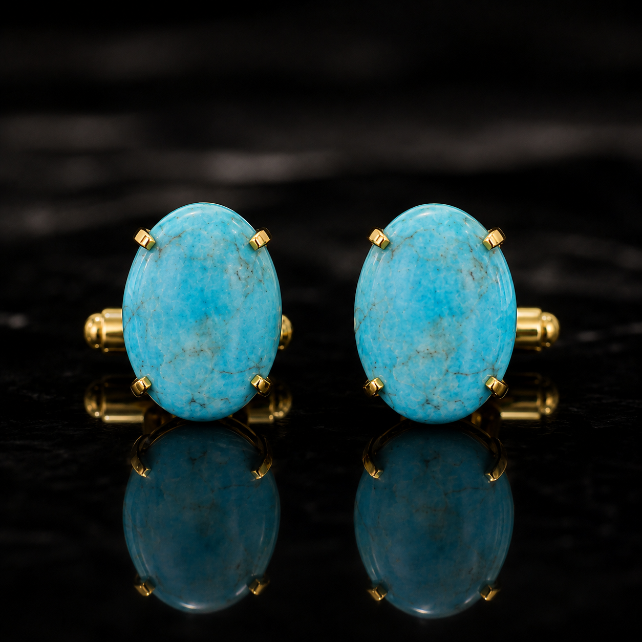 Synthetic Sky Blue Turquoise Cufflinks for Men | Gold Plated Brass Oval Stone Cufflinks | Luxury Wedding & Formal Accessory