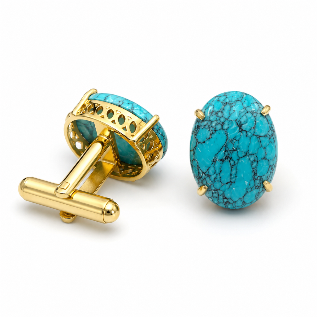 Synthetic Turquoise Stone Cufflinks for Men | Gold Plated Brass Oval Cufflinks |