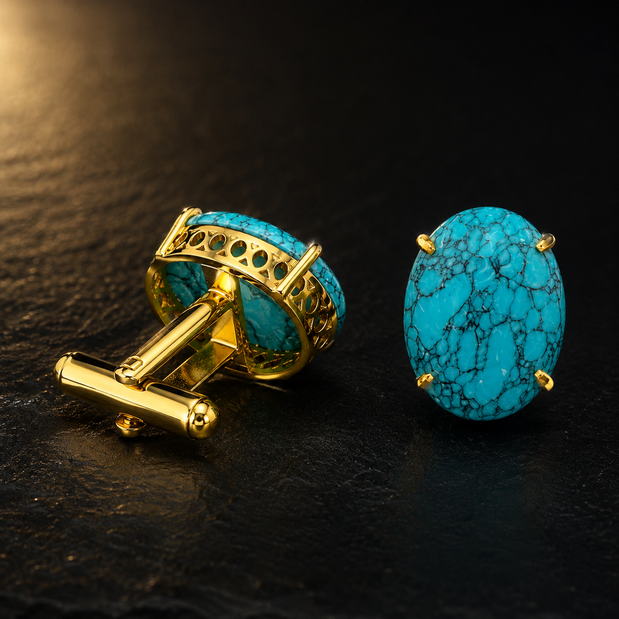 Synthetic Turquoise Stone Cufflinks for Men | Gold Plated Brass Oval Cufflinks |