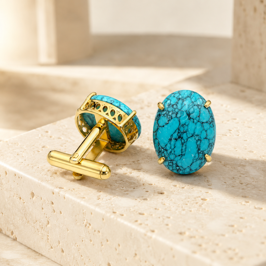 Synthetic Turquoise Stone Cufflinks for Men | Gold Plated Brass Oval Cufflinks |