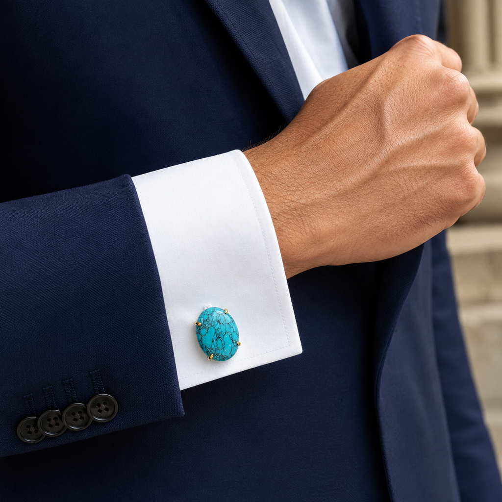 Synthetic Turquoise Stone Cufflinks for Men | Gold Plated Brass Oval Cufflinks |