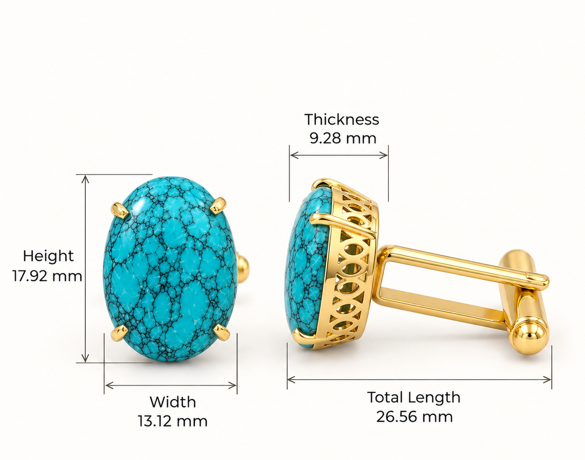 Synthetic Turquoise Stone Cufflinks for Men | Gold Plated Brass Oval Cufflinks |