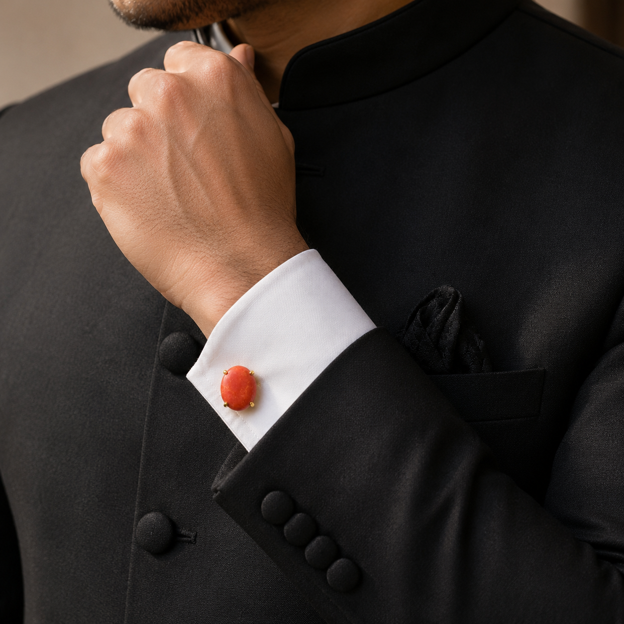 Synthetic Coral Red Cabochon Stone Gold Plated Brass Cufflinks for Men